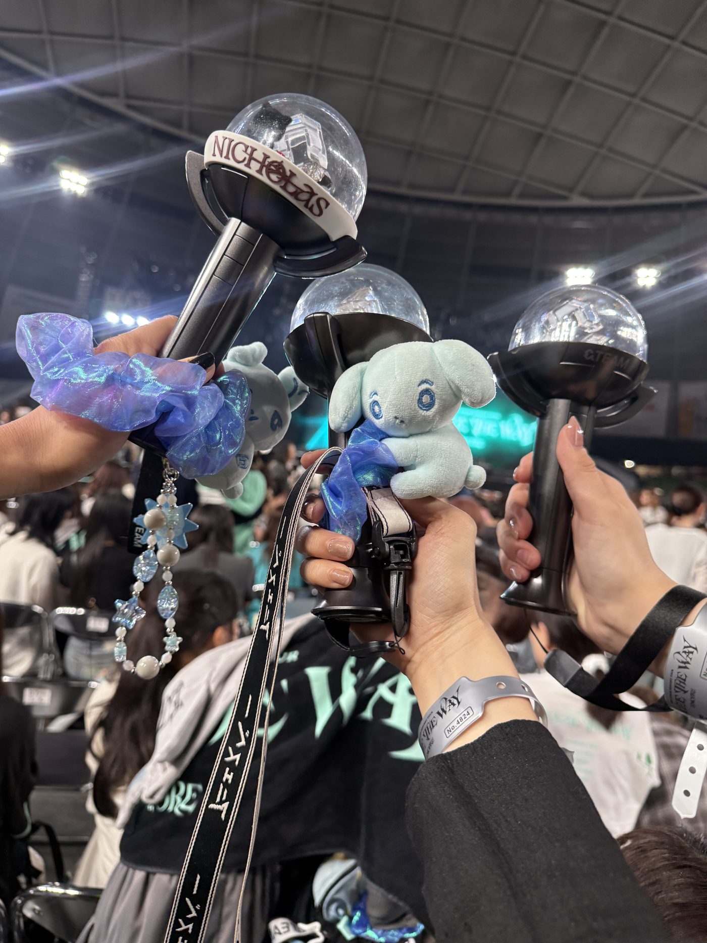 Fans raising &TEAM light-sticks with clear domed tops, decorated with a LUNE plush and a beaded strap, inside the lit dome