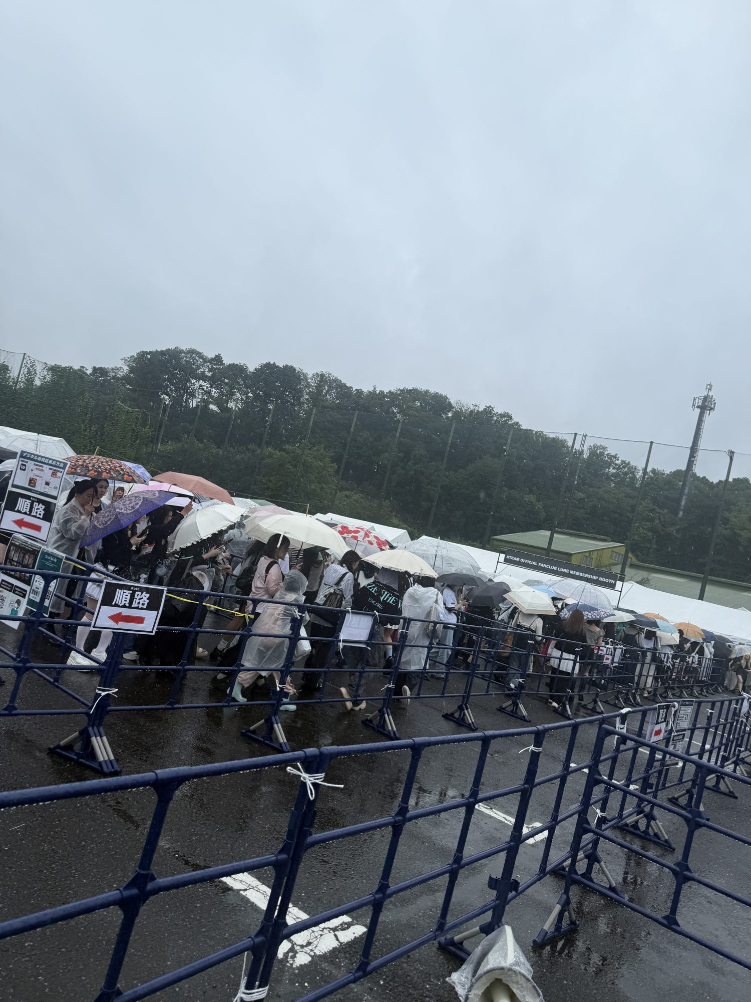 A long outdoor queue of fans under umbrellas and ponchos in the rain outside Belluna Dome, past a fan-club membership booth